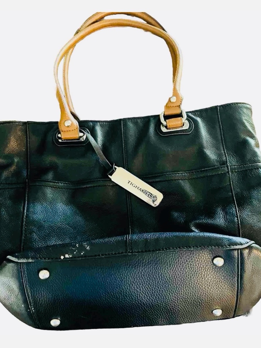 Vintage Tignanello of NY Black Leather Tote with Tan Handles